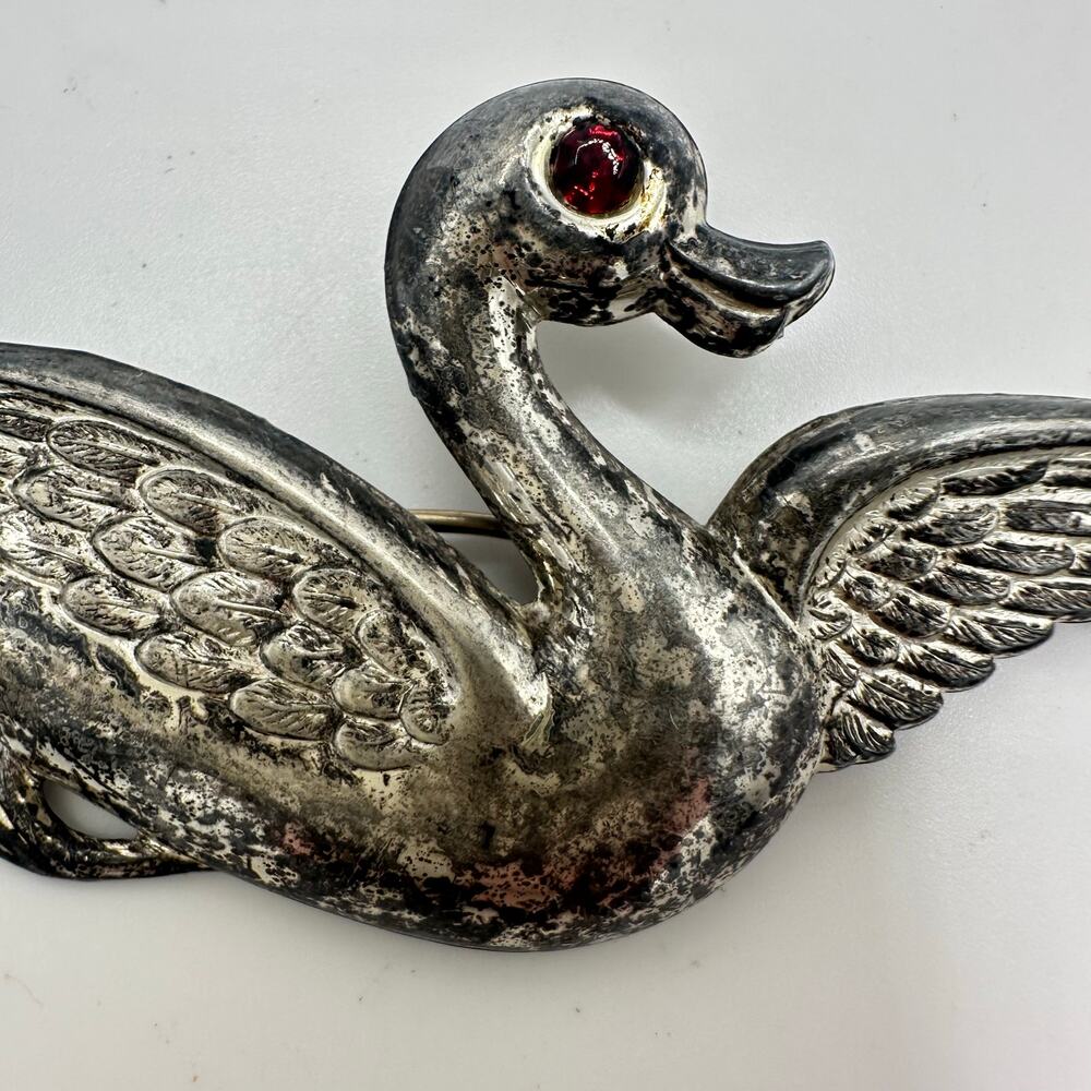 1940s signed vintage sterling silver flying duck red rhinestone brooch pin - Picture 3 of 8